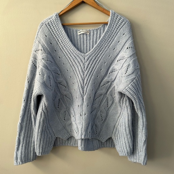 Anthropologie Ramona Blue V-Neck Slouchy Cable Knit  Alpaca Blend Sweater - Picture 4 of 7